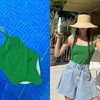 Square-neck Plain Swimsuit Green - One Size