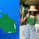 Square-neck Plain Swimsuit Green - One Size