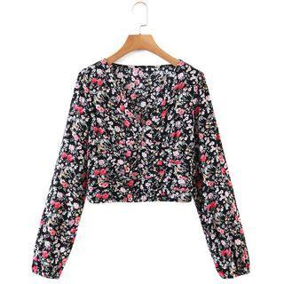 Long-sleeve V-neck Ruched Floral Shirt