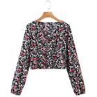 Long-sleeve V-neck Ruched Floral Shirt