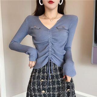 Long-sleeve Drawstring Front Pocket Knit Top