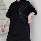 Contrast Stitching Mandarin Collar Elbow-sleeve Shirt