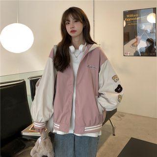 Bear Embroidered Hooded Zip Baseball Jacket