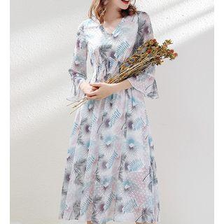 Bell-sleeve V-neck Chiffon Printed Midi Dress