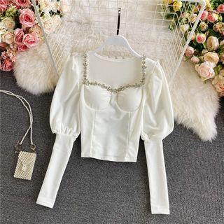 Rhinestone Square-neck Puff Sleeve Blouse