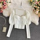 Rhinestone Square-neck Puff Sleeve Blouse