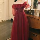 Off-shoulder Puff-sleeve Maxi A-line Dress