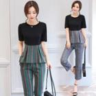 Set: Short-sleeve Striped Panel Top + Cropped Pants