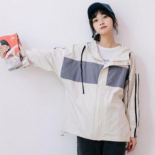 Contrast-trim Hooded Color Panel Zip Jacket