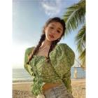 Puff-sleeve Floral Lace-up Crop Top Green - One Size