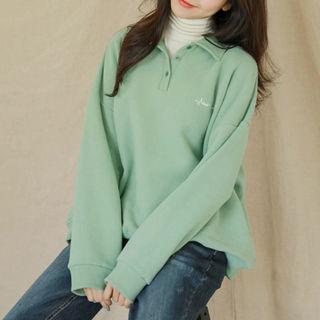 Open-placket Letter-embroidered Pullover