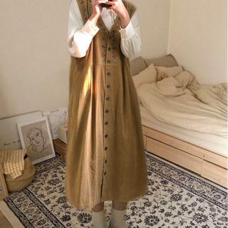 Plain Shirt / Floral Embroidered Corduroy Midi Pinafore Dress