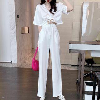 Drawstring Short Sleeve Crop Top / Wide Leg Pants