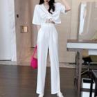 Drawstring Short Sleeve Crop Top / Wide Leg Pants