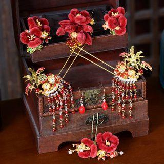 Set Of 7 : Wedding Flower Hair Clip + Hair Stick + Earring Set Of 7 - Red - One Size