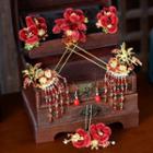 Set Of 7 : Wedding Flower Hair Clip + Hair Stick + Earring Set Of 7 - Red - One Size