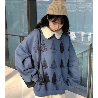 Faux Shearling Trim Christmas Tree Print Sweatshirt