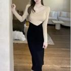 Color Panel Bodycon Long-sleeve Knit Dress