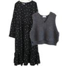Knit Vest / Long-sleeve Dotted A-line Midi Dress