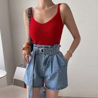 Belted Paperbag Denim Shorts