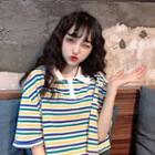 Striped Loose-fit Short-sleeve Crop Polo-shirt As Figure - One Size
