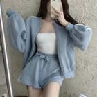 Color Block Long-sleeve Cardigan Jacket + Shorts Tracksuit