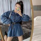 Lantern-sleeve Single Breasted Tie Waist Denim Dress