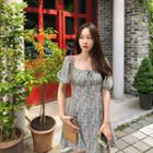 Square-neck Puff-sleeve Pattern Dress One Size