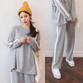 Set: Round-neck Contrast-trim Top + Band-waist Pants