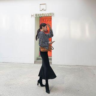 Set: Striped Hoodie + Maxi Mermaid Skirt Black - One Size