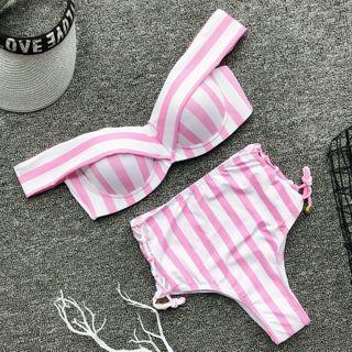 Striped Lace Up Off-shoulder Tankini