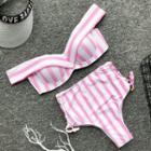 Striped Lace Up Off-shoulder Tankini