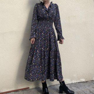 Floral Print Long-sleeve A-line Midi Dress As Shown In Figure - One Size