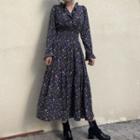 Floral Print Long-sleeve A-line Midi Dress As Shown In Figure - One Size