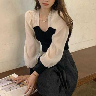 Puff-sleeve Two-tone Panel Knit Top Off-white - One Size