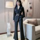 Set: Double-breasted Belted Blazer + Wide Leg Pants
