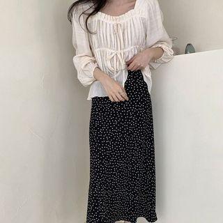 Puff-sleeve Blouse / Dotted Midi Skirt