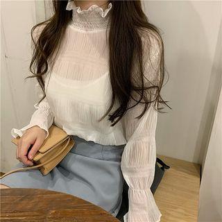 Mock-turtleneck Bell-sleeve Chiffon Blouse As Shown In Figure - One Size