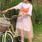 Elbow-sleeve T-shirt / Spaghetti Strap Sheer Dress