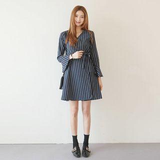 Long-sleeve Tie-waist Stripe Wrap Dress