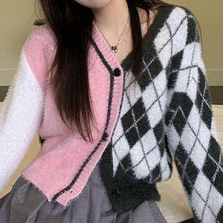 Argyle Panel Cardigan Pink & Black & White - One Size