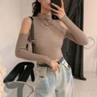 Cold-shoulder Ribbed Sweater Khaki - One Size