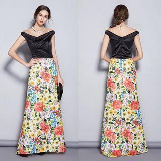Off-shoulder Flower Print A-line Evening Gown