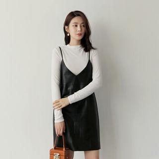 Set: Mock-neck Top + Spaghetti-strap Faux-leather Dress