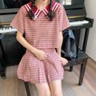 Set: Sailor-collar Short-sleeve Top + Pleated Skirt