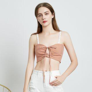 Lace Strap Plaid Tie-front Cropped Top