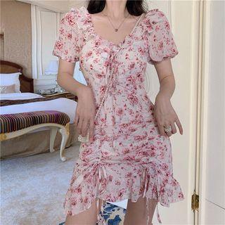 Floral Print Drawstring Chiffon Dress As Shown In Figure - One Size
