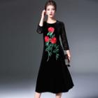 Floral Embroidered Lace Panel Velvet Midi A-line Dress