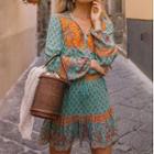 Set: Long Sleeve Tie-neck Cropped Top+ Ruffled Skirt