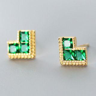 925 Sterling Silver Rhinestone Earring 1 Pair - S925 Silver Earrings - Gold & Green - One Size